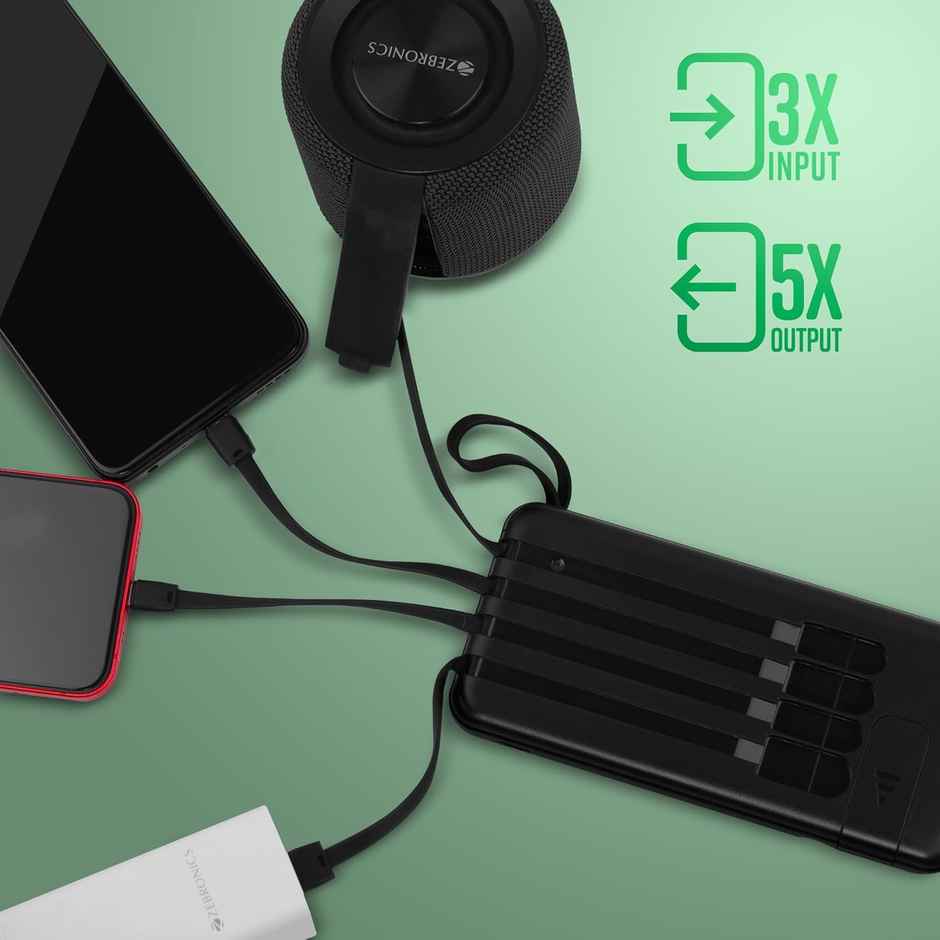 Zebronics MB10000S6 Power Bank, 10000 mAh, 5 x Outputs Built in I/O Cables, Mobile Holder, Carry Loop (Black)