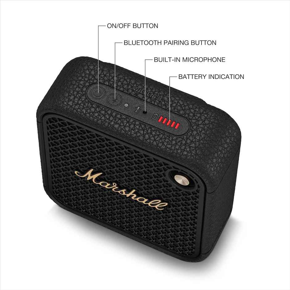 Marshall Willen II Portable Bluetooth Speaker - 17+ Hours Playtime, Dust & Waterproof - Black & Brass