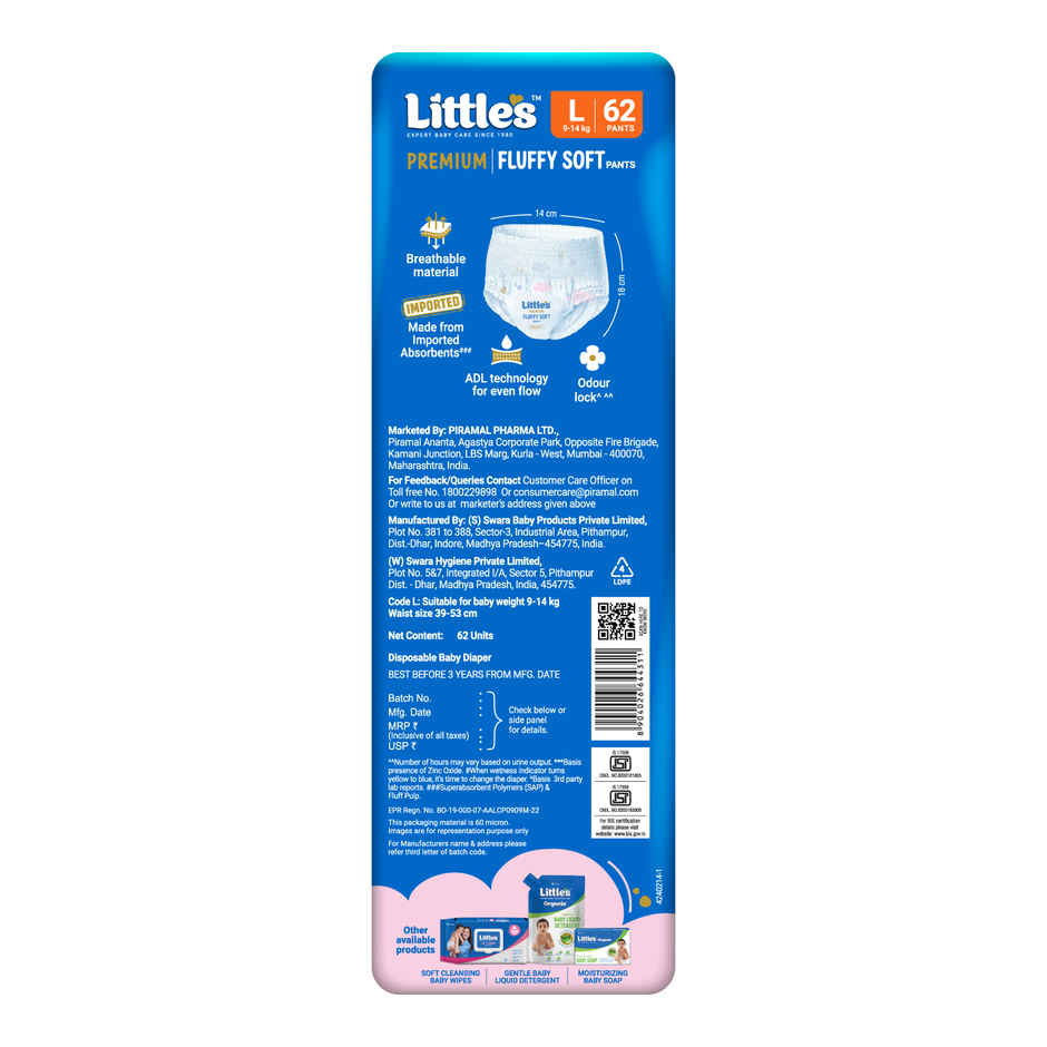 Little's Fluffy Soft Premium Baby Pant Style Diaper | L | Leakage Free | 62 pcs
