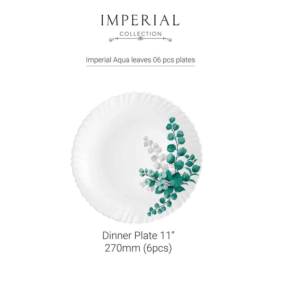 Cello Imperial Aqua Leaves Dinner Plate 11Inch Full Plate Set Of 6 Opal Glass White