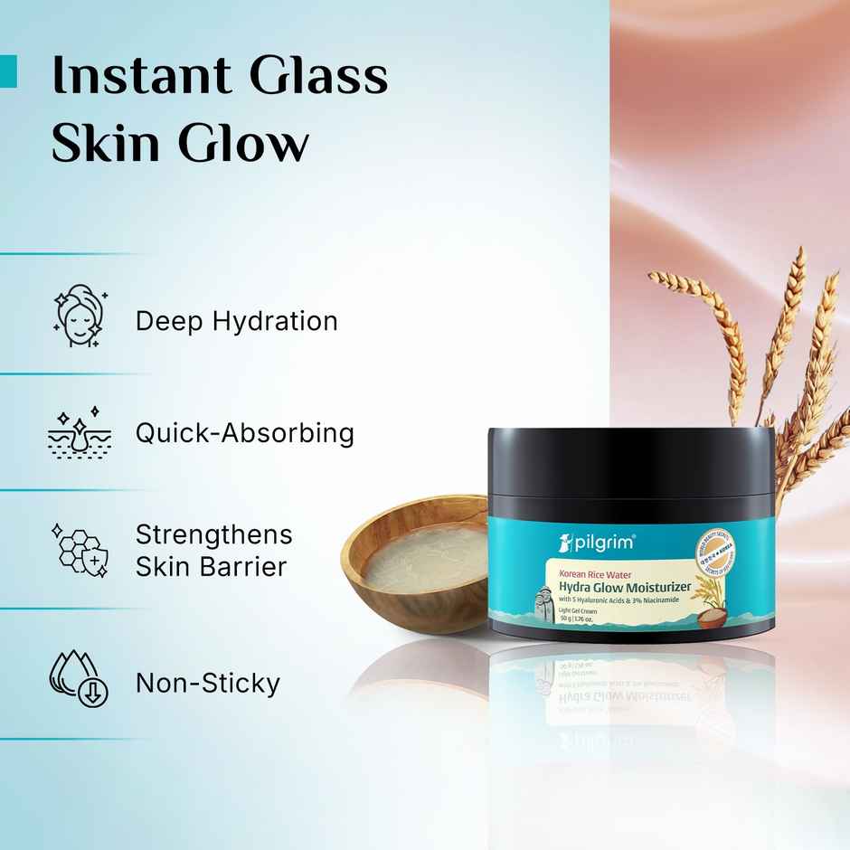 Pilgrim Korean Rice Water Hydra Glow Gel Moisturizer with Hyaluronic Acids & Niacinamide for Glowing Skin