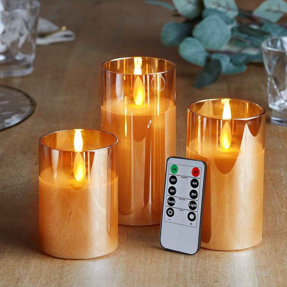 DesiDiya Flameless LED Candles Set of 3 Remote Control Acrylic Glass Candle Flickering Flame