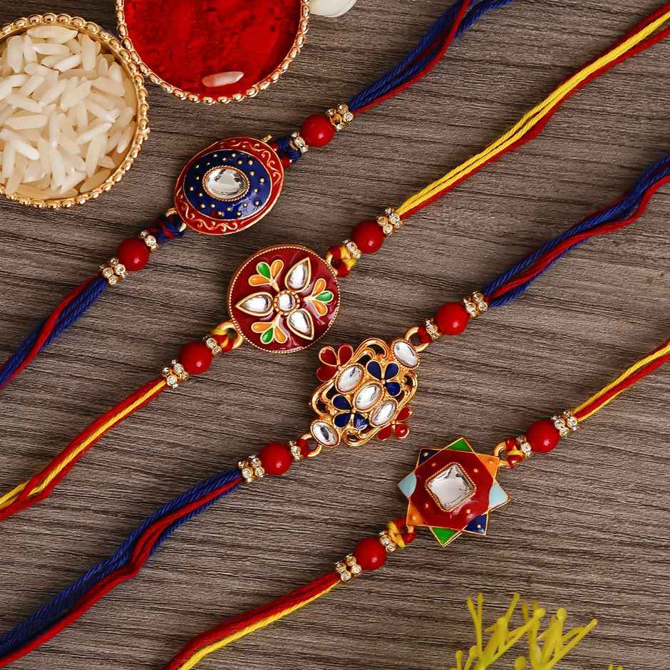Meenakari Multicolor Designer Rakhis & Roli Chawal Pack (eCraftIndia) Set of 4