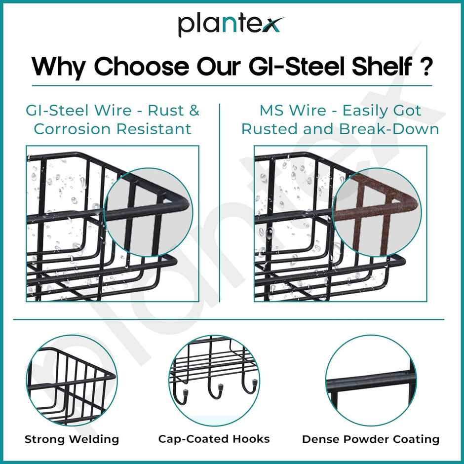 Plantex Self Adhesive Bathroom Wall Shelf Organizer for Kitchen - Black Powder Coated