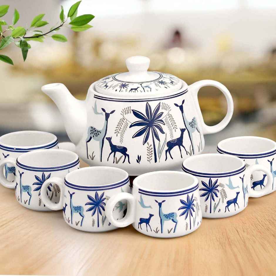The Earth Store Ceramic Stag Blue Morning Tea Set Microwave Safe Tea Cup With Kettle