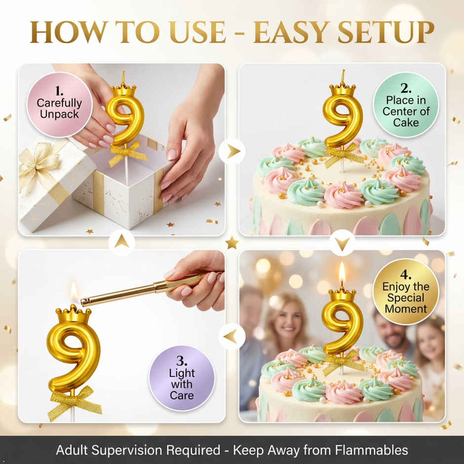 BeyondLuv Candles for Kids Birthday Party 9 Golden Number Candle With Crown