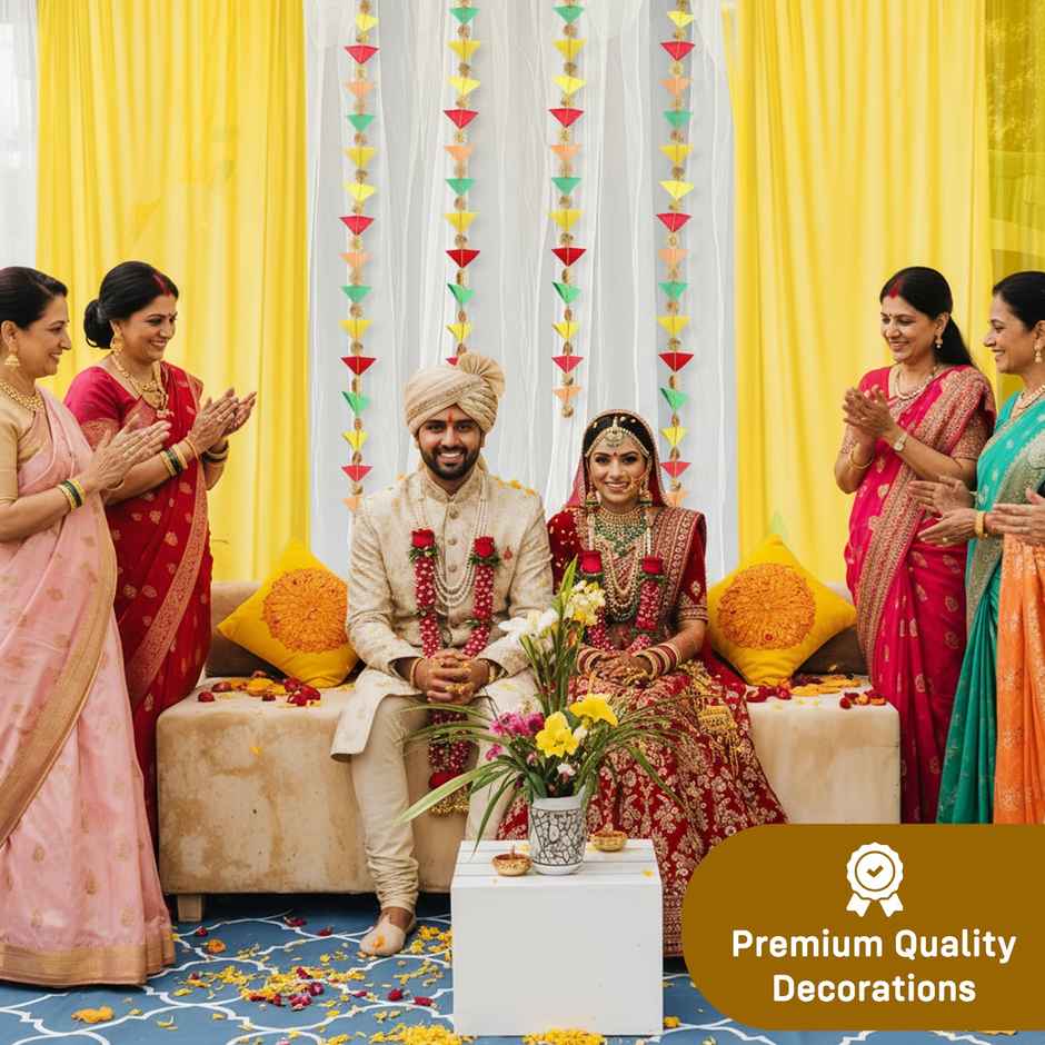 White and Yellow Net Backdrop with Triangle Hanging for Haldi Mehndi | Party Propz