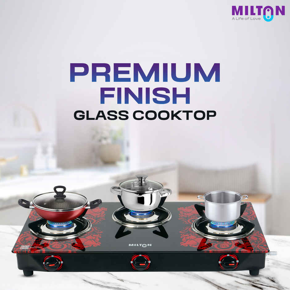 Milton Premium Red Manual Ignition Glass Top Gas Stove | ISI Certified | 3 Burner