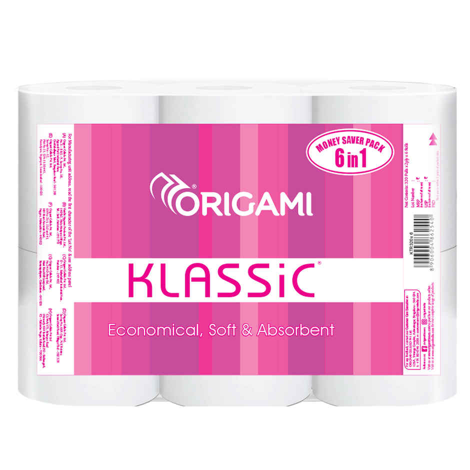 Origami Klassic Soft & Absorbent Toilet Tissue Paper with Anticlog Tech Pack of 6, 320 Pulls Each