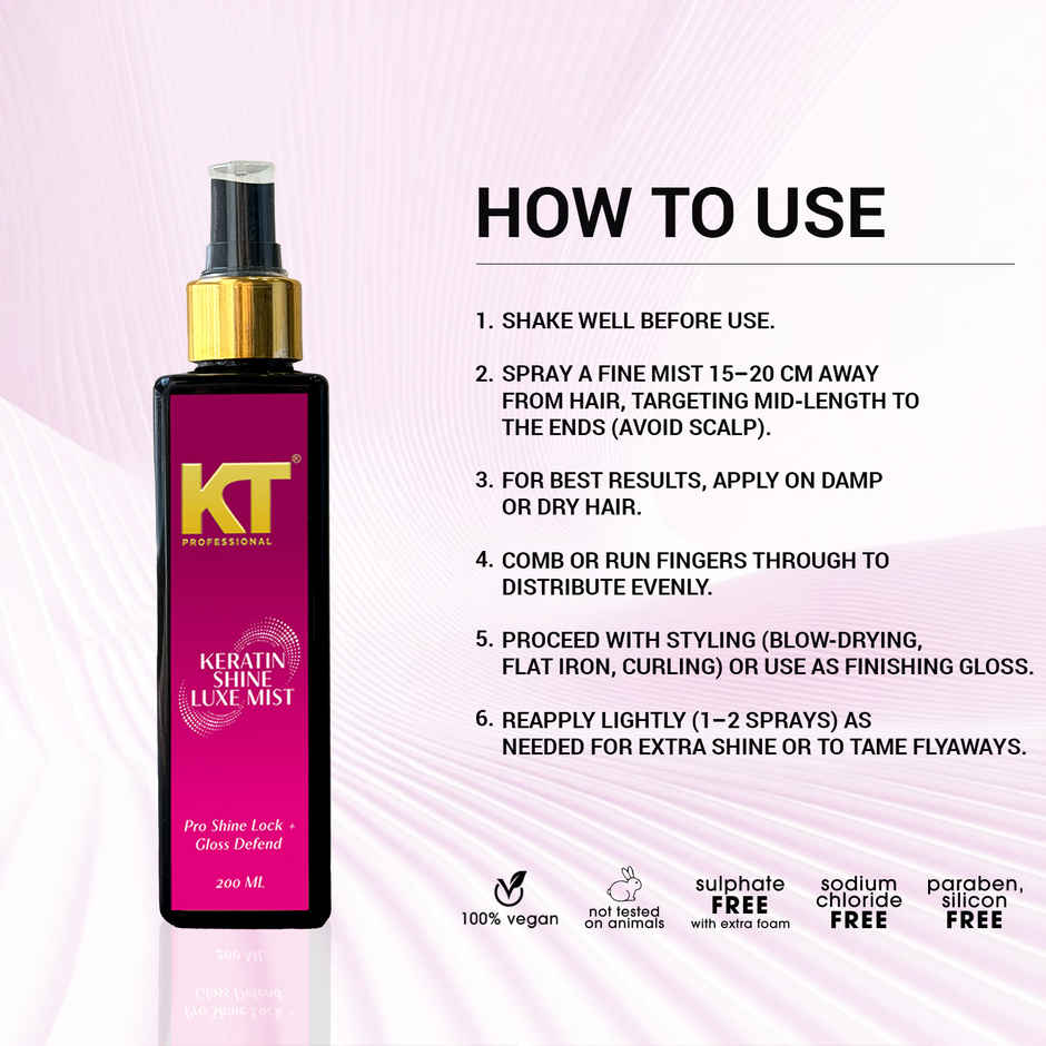 KT Professional Keratin Shine Luxe Mist | Instant Shine & Frizz Control with Argan & Almond Oil