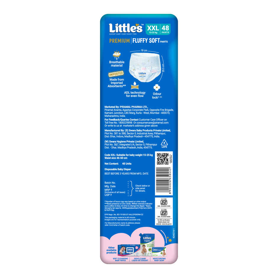 Little's Fluffy Soft Premium Baby Pant Style Diaper | 2XL | Leakage Free | 48 pcs