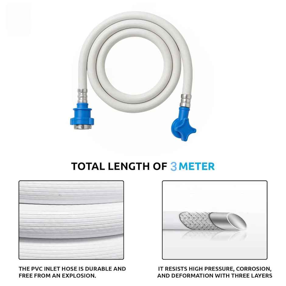 Daluci Washing Machine Inlet Hose Pipe, Hot & Cold Water, Anti-Kink, Universal Tap Connector - 3m