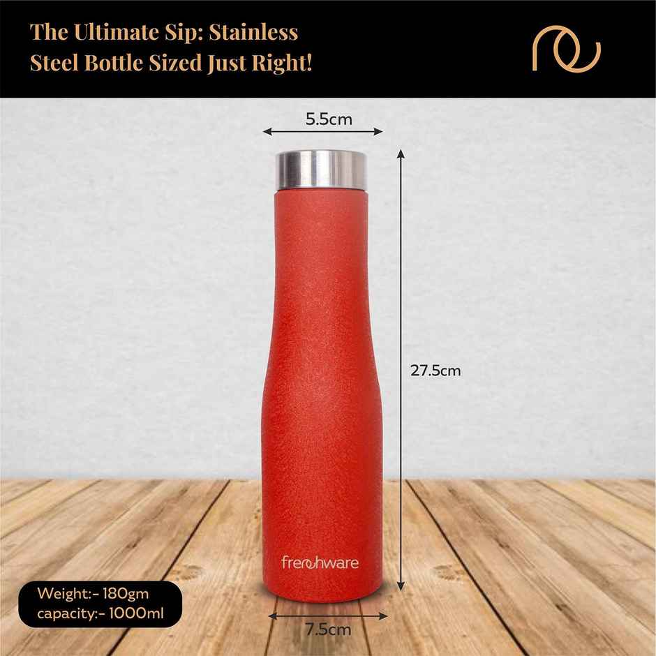 Frenchware Premium Textured 1 L Stainless Steel Water Bottle, Scratch | Resistant, Rust | Free | Red