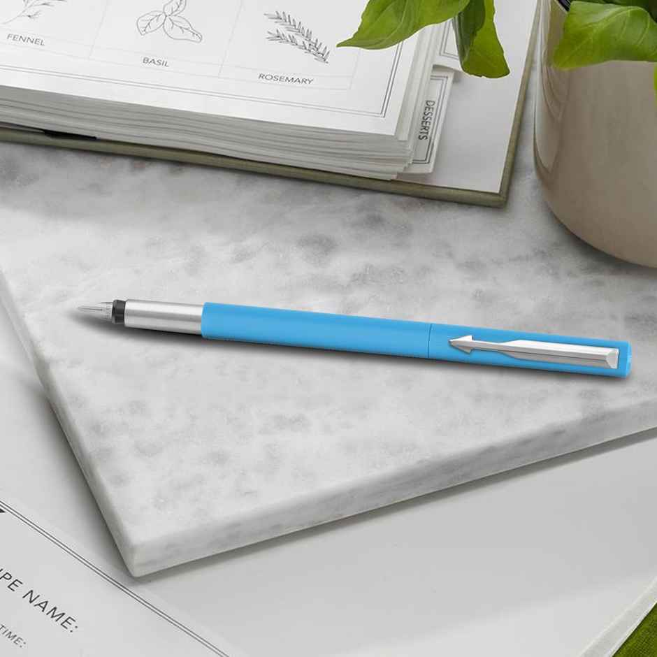 Parker Vector Standard Fountain Pen | Ink Color Blue | Fine Nib, Blue Body with Chrome Trim