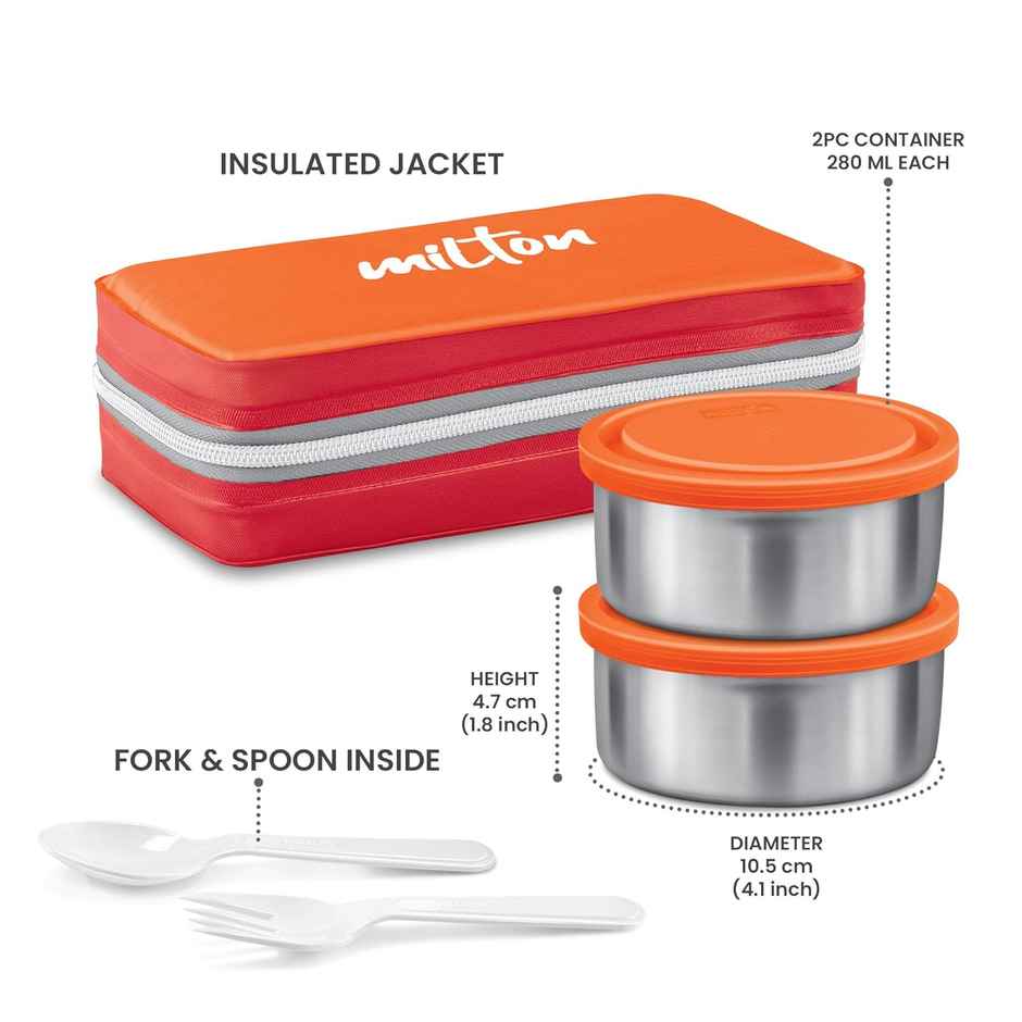 Milton Plastic New Mini Lunch Insulated Tiffin | Set Of 2 | | 280 ml Each With Bag | Orange