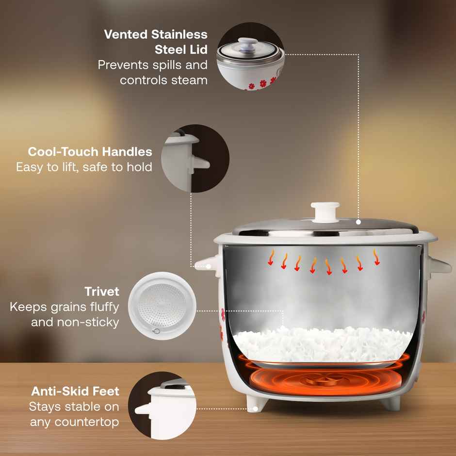 Prestige 1.8L Delight Electric Rice Cooker, 700 Watts, Cool Touch Handles, 1Y Warranty, White & Grey