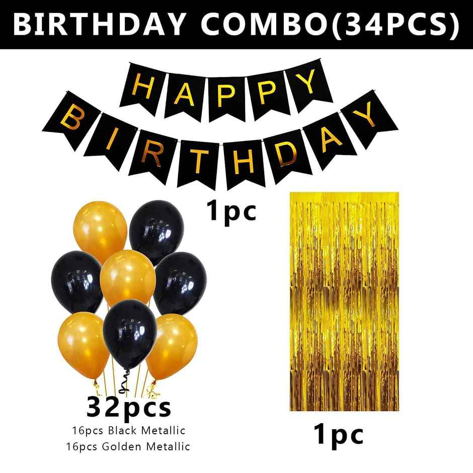 Birthday Decoration Items Kit | 1 pc Banner, 32 pcs Balloons and 1 pc Foil Curtain | Party Propz