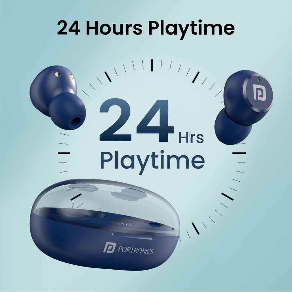Portronics Harmonics Twins S13 in Ear TWS Earbuds with Mic, 24H Playtime, Game/Music Mode, Touch Control, 8mm Driver, Bluetooth 5.3v,IPX5 Water Resistance, Type C Fast Charging - Blue