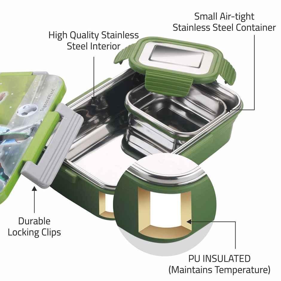 SignoraWare Nugget Printed Steel Lunch Box | 700ml+130ml | Kids Box | Airtight | Leakproof | Green