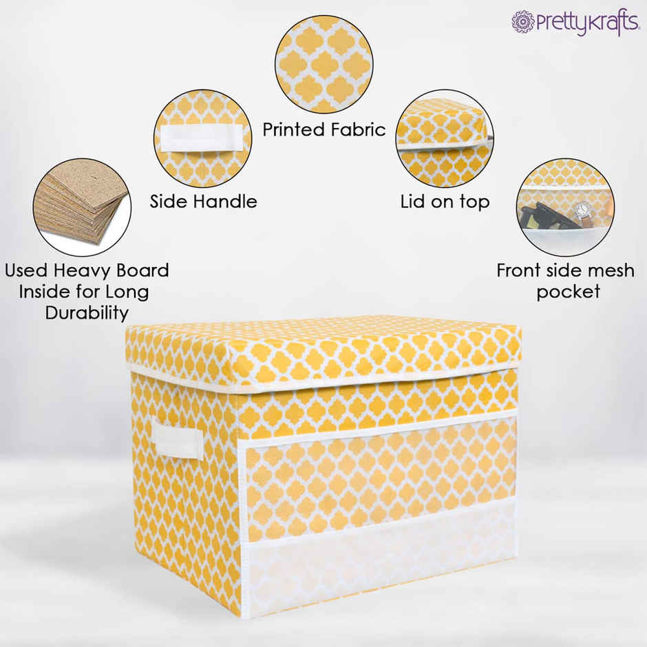 PrettyKrafts Yellow Cube Storage Box with Net Pockets - Foldable Organizer for Toys & Clothes