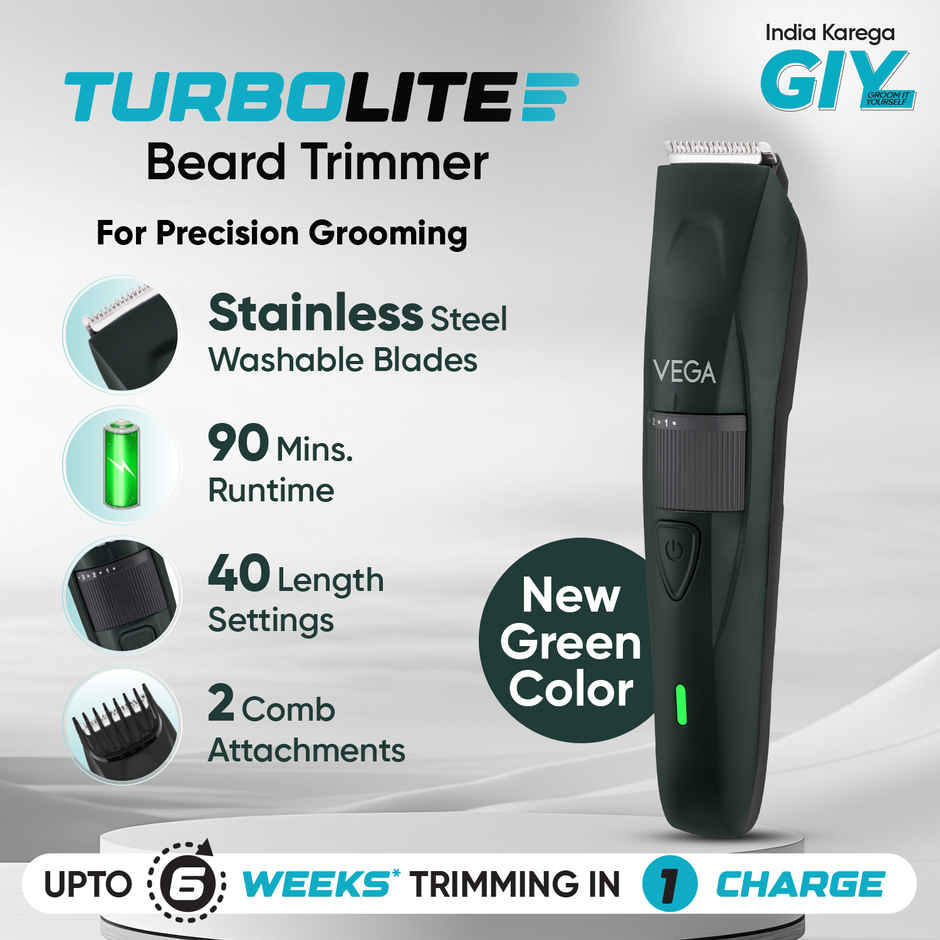 VEGA Turbolite Beard Trimmer for Men with 90 Min Runtime | USB Type C | 2 Comb Attachment
