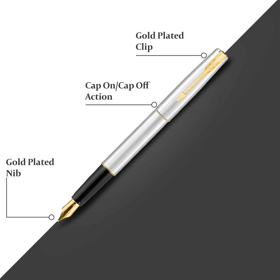 Parker Frontier Stainless Steel Gold Trim Fountain Pen | Corporate Gift |Ideal For Professional Use