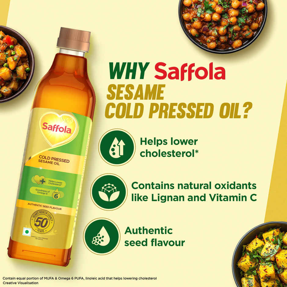 Saffola Sesame (Til-Gingelly) Cold Pressed Oil | 100% Cold Pressed Sesame Seed Oil | Helps Lower Cholesterol