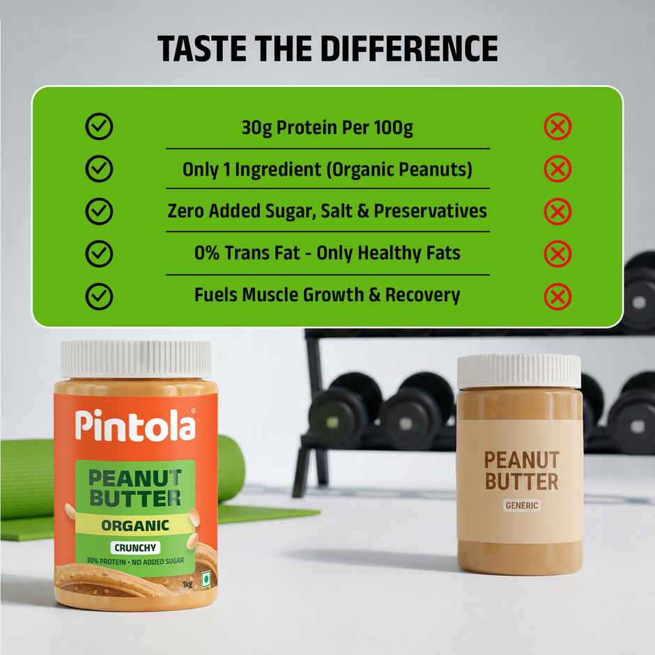 Pintola Organic Unsweetened Peanut Butter Crunchy - High Protein 30G & 9G Dietary Fiber
