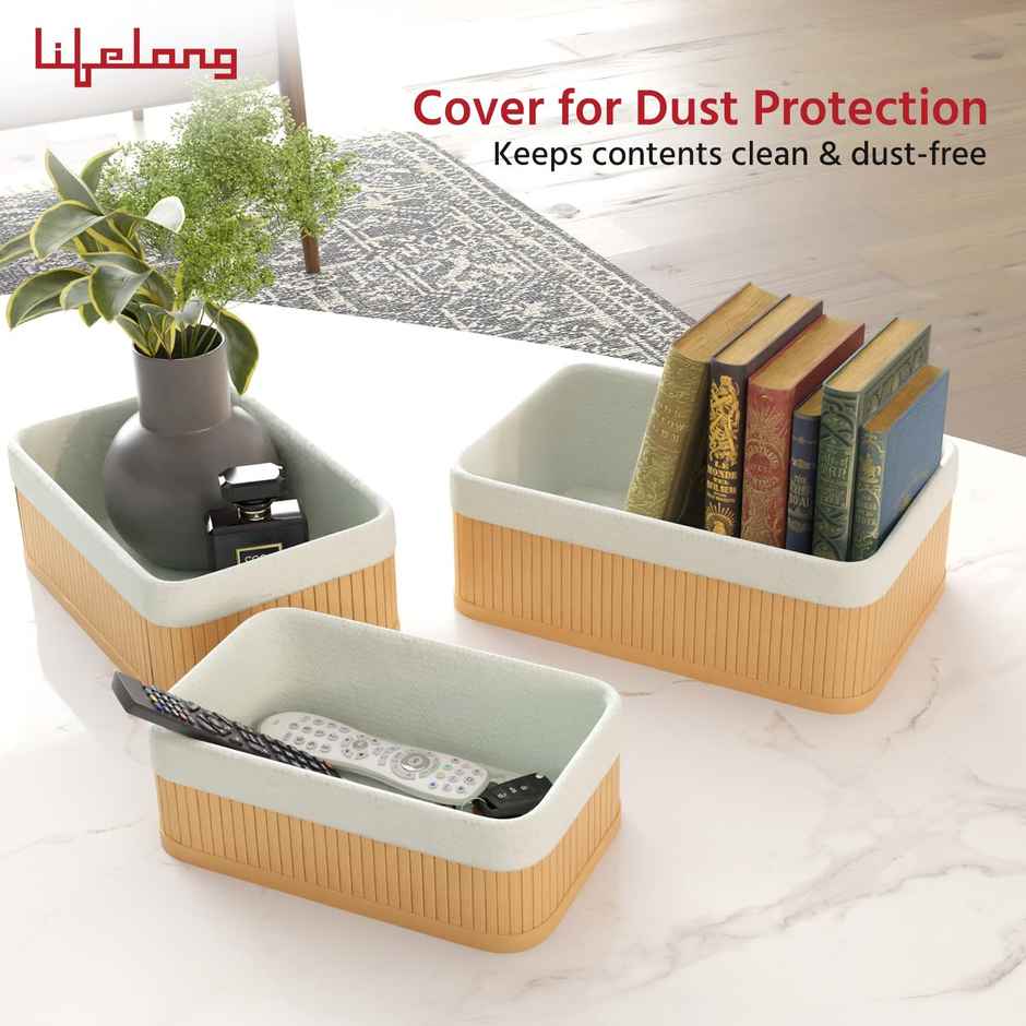 Lifelong Bathroom Organiser | 3-Basket Bamboo | Makeup Basket | Countertop | Water-Resistant Tray