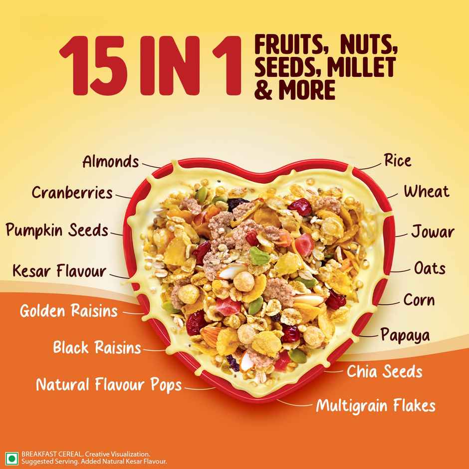Saffola Muesli Kesar Crunch With Flavour Pops | 15 In 1 Fruit And Nuts | Seeds, Millet & More