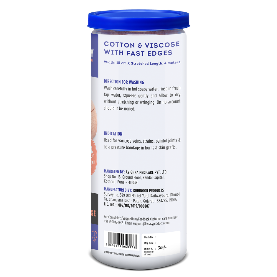 Liveasy Ortho Care Cotton Crepe Bandage - Reduces Sprain & Swelling - 15 cms x 4 Meters