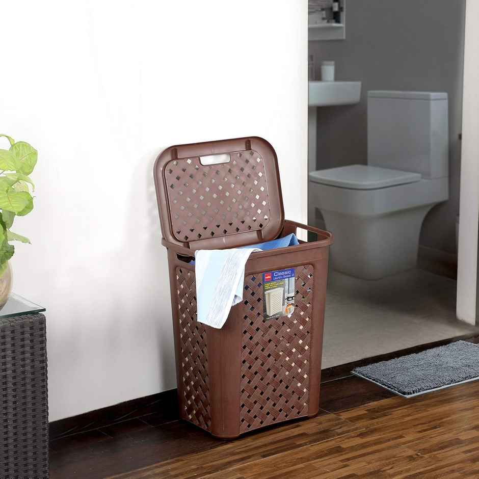 Cello Classic Plastic Laundry Basket with Lid, Brown | Lightweight and Portable
