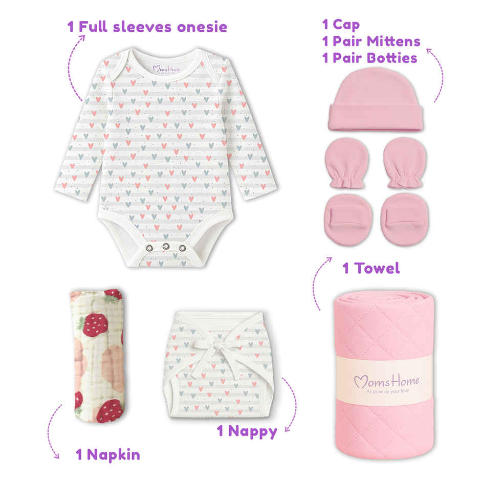 Moms Home Organic Cotton Baby Essentials 7 Items Gift Set | 0-3 Months | Little Heart