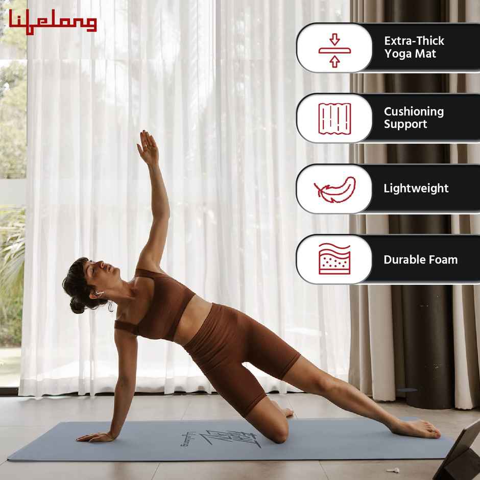 Lifelong 8mm EVA Yoga Mat with Carry Strap for Gym & Home Workout | Grey