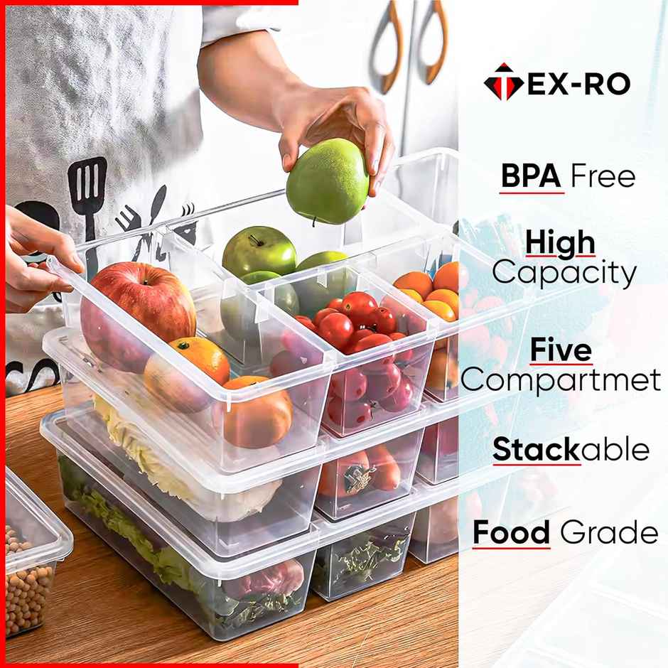 Tex-Ro 5 Compartment Plastic Leakproof Fridge Organizer & Freezer Storage | 2500 ml