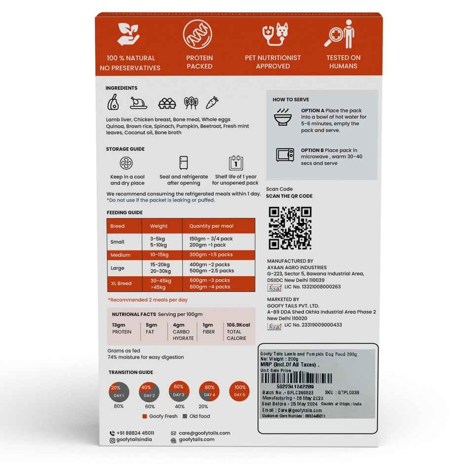 Goofy Tails Lamb & Pumpkin Fresh Dog Food | Gluten Free | Wet Dog and Puppy Food