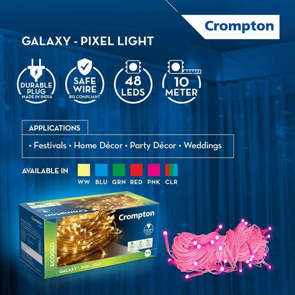 Crompton Galaxy Pixel Festive Lights| 10 m | 48 LEDs| Multicolour | Direct 2-pin Plug, BIS Safe Wire