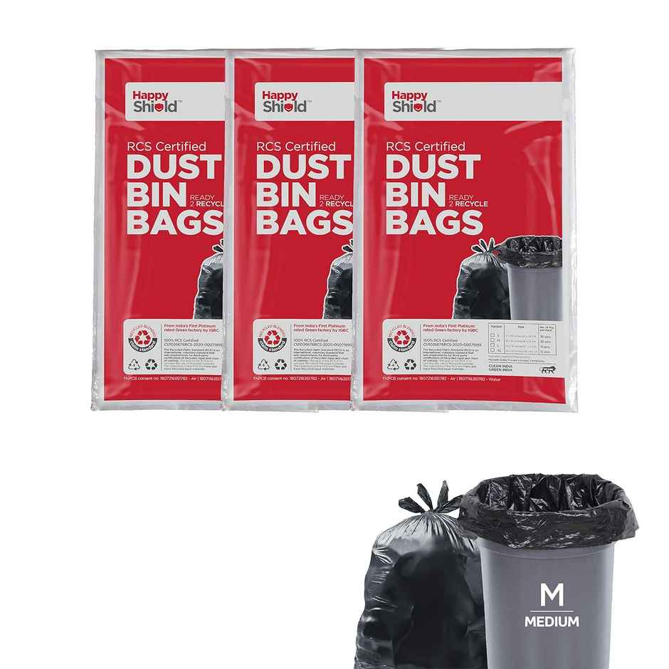 Happy Shield - Garbage Bags (90 Pieces), Medium (19 X 21 Inches)-30 Pieces/Pack (Pack Of 3), Black