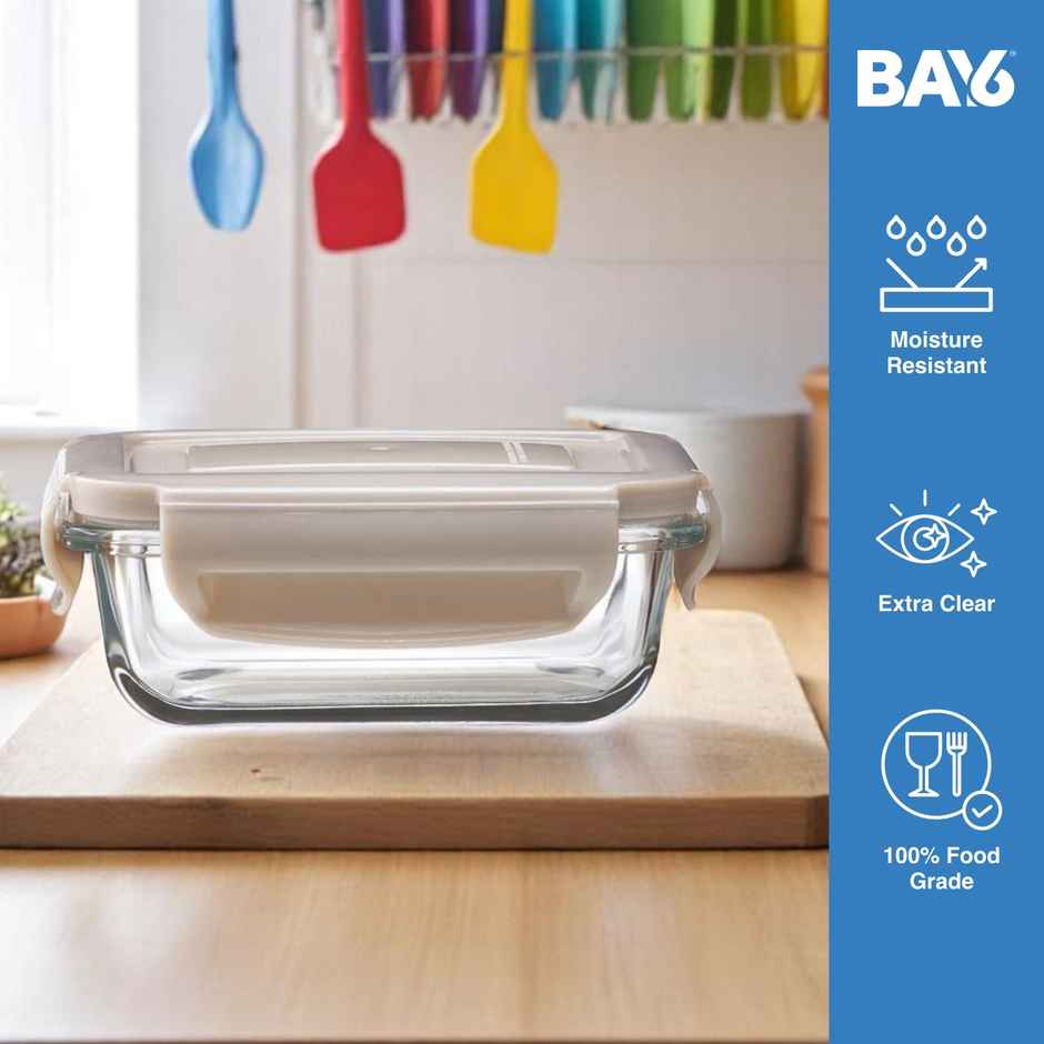 BAY6 Premium Imported Borosilicate Glass Container with Lid 180 ml - Rectangle - Beige