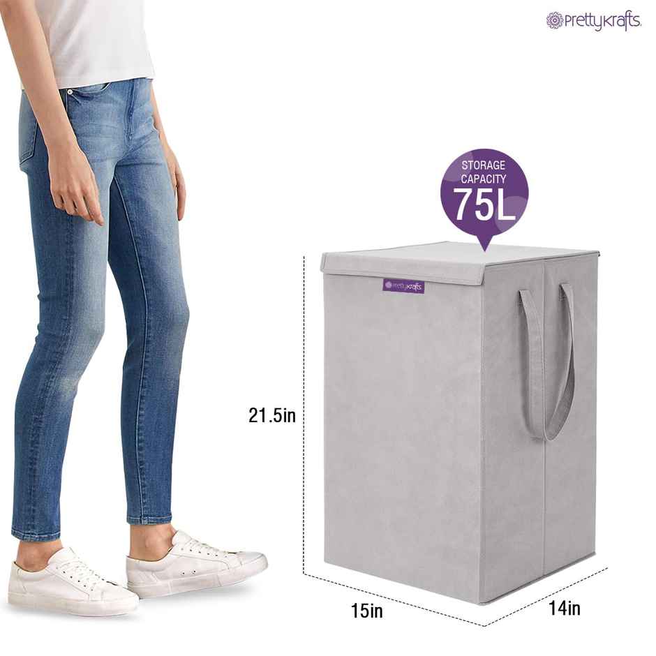 PrettyKrafts 75 L Foldable Laundry Basket L1113 | Cloth Storage Hamper with Lid & Handles | Grey - Large