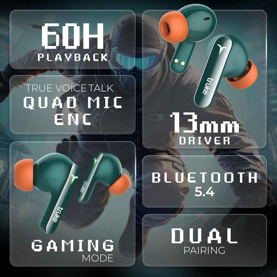truke BTG Flex Truly Wireless Bluetooth Earbuds with Dual Pairing, 60H Battery- Alpine Green