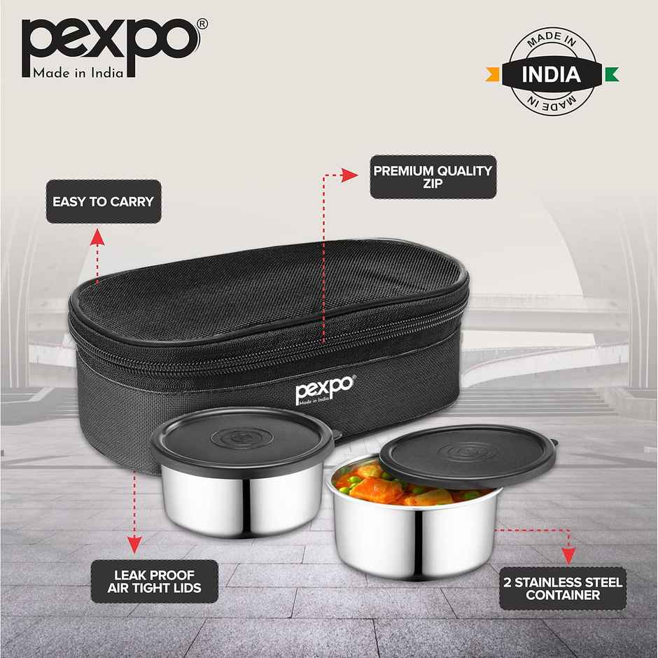 Pexpo Stainless Steel Lunch Box With 2 Leakproof Air-Tight Round Container & Cover Bag (Black) Nano