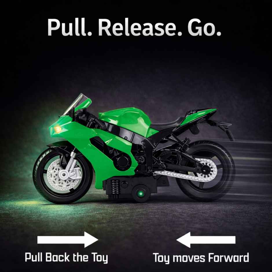 Race n Roll Light & Sound Bolt Racer Bike Toy Pull back Action Green