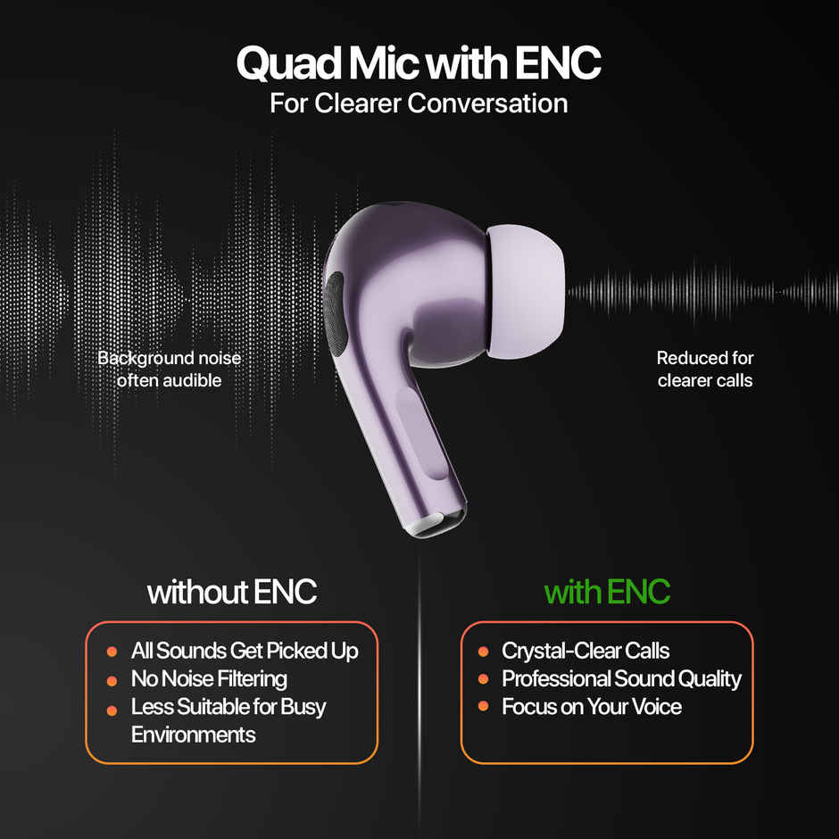 Fire-Boltt Fire Pods Aero Ultra TWS Earbud with Custom EQ Profile, Quad Mic ENC & 50H Playtime, Ultra Low 50ms Game Mode, Lilac Metal