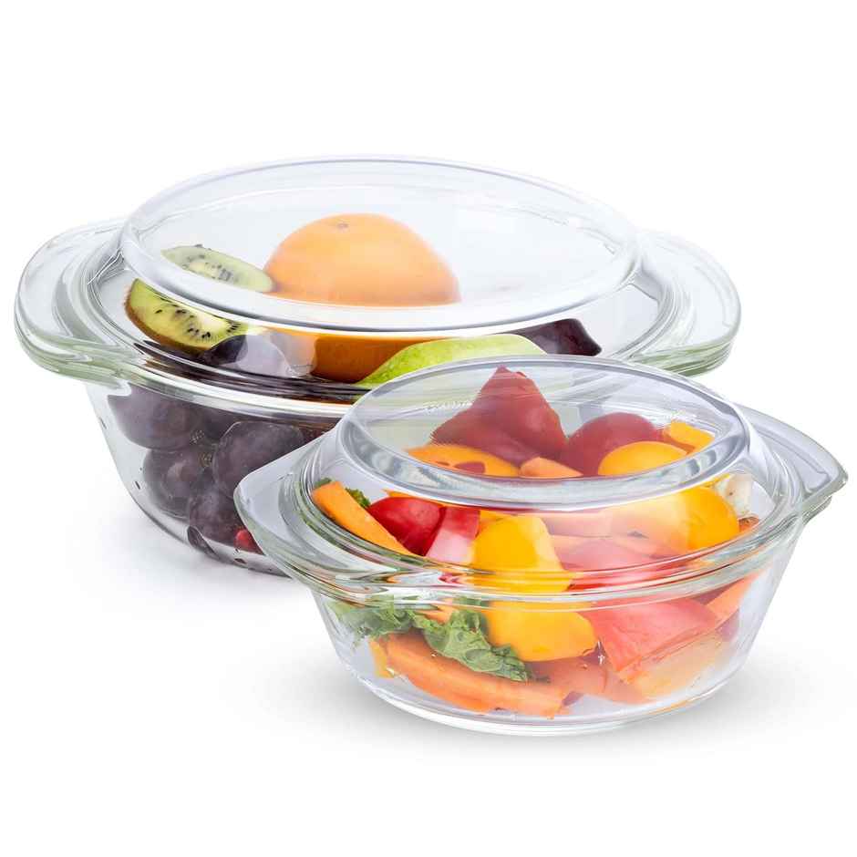 Agaro Elite Glass Casseroles With Lid, Set of 2, Borosilicate Glass,Serving Bowl, 700ml & 1000 ml