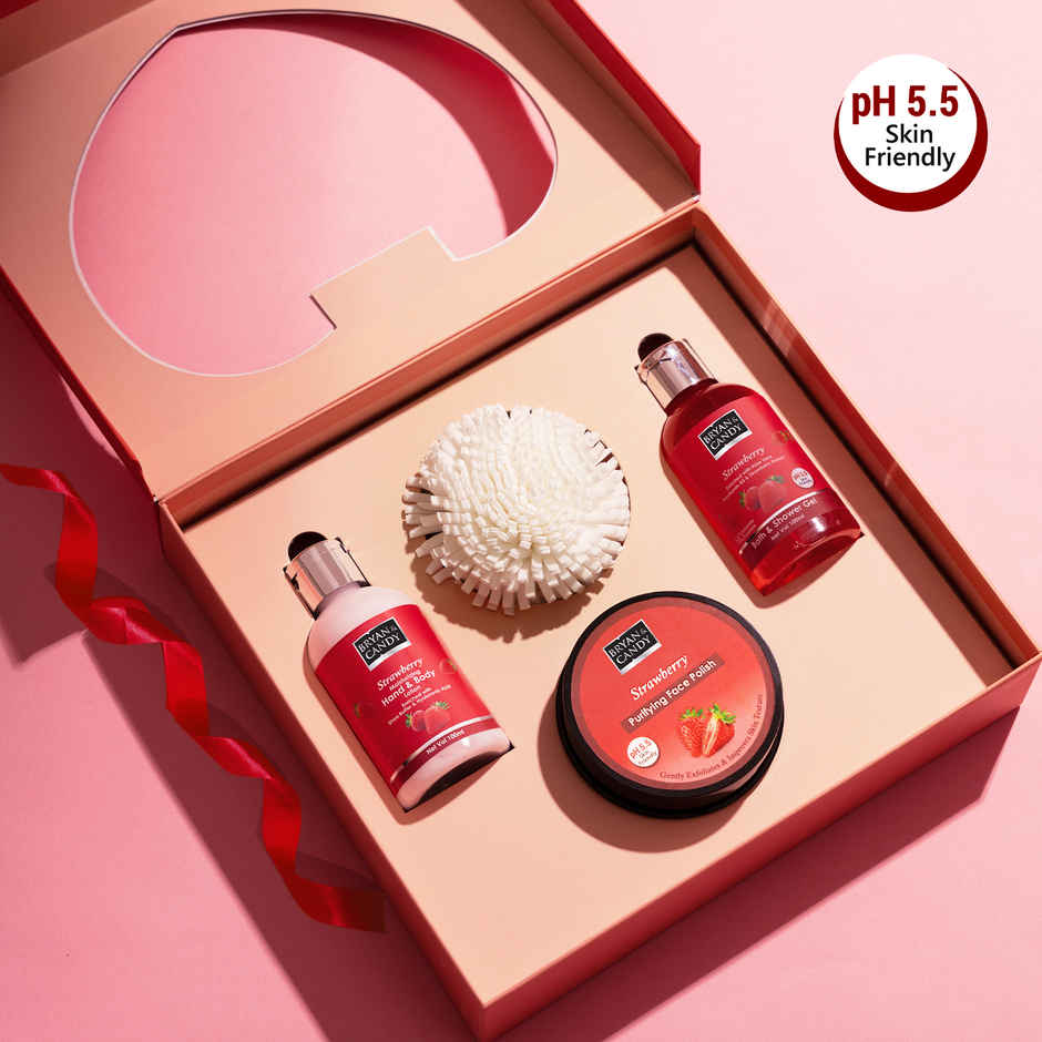 Bryan & Candy Strawberry Heart Kit Combo|Shower Gel|Hand-Body Lotion|Body Polish|Loofah|Pack Of 3