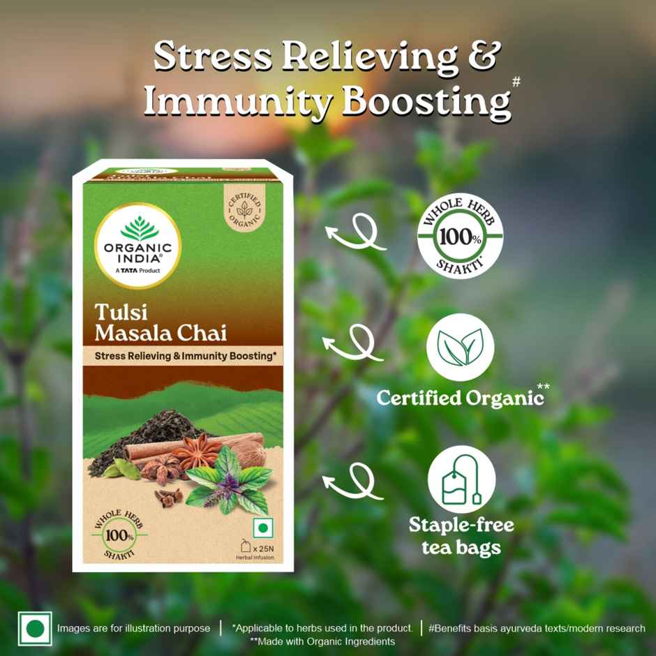 A TATA Product - Organic India Tulsi Masala Chai, 25 Tea Bags, Unbleached Filter Paper Tea Bags
