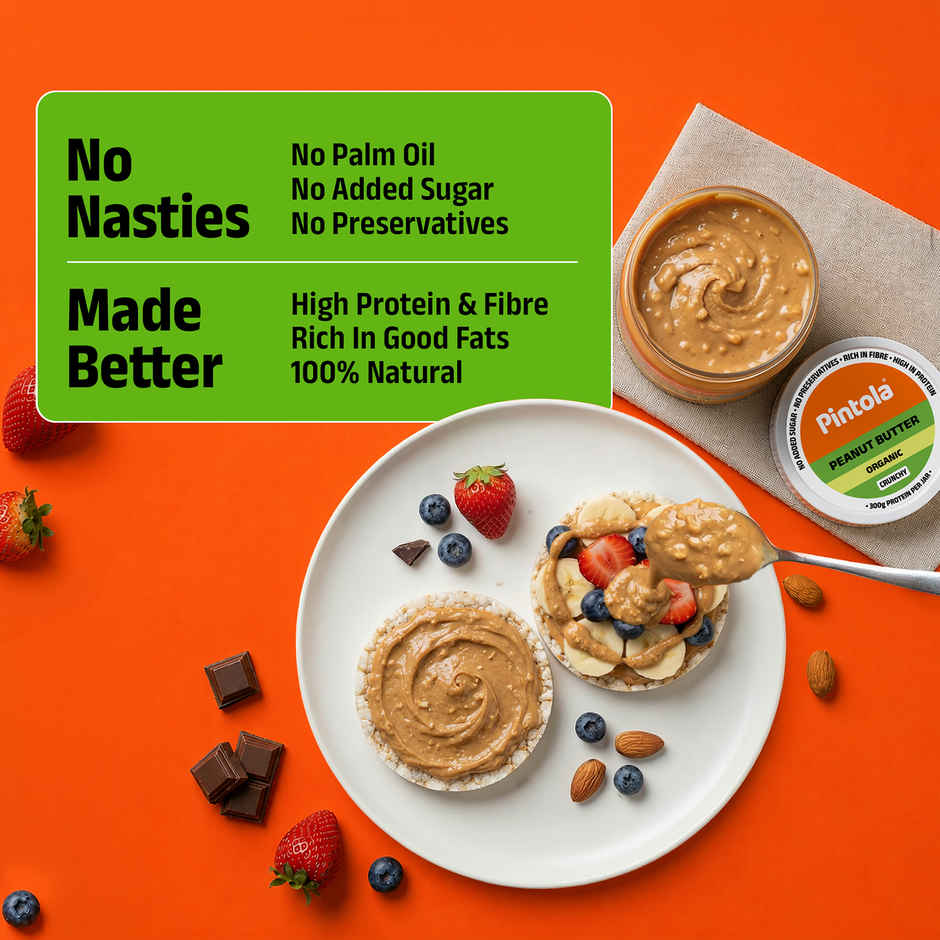 Pintola Organic Unsweetened Peanut Butter Crunchy - High Protein 30G & 9G Dietary Fiber