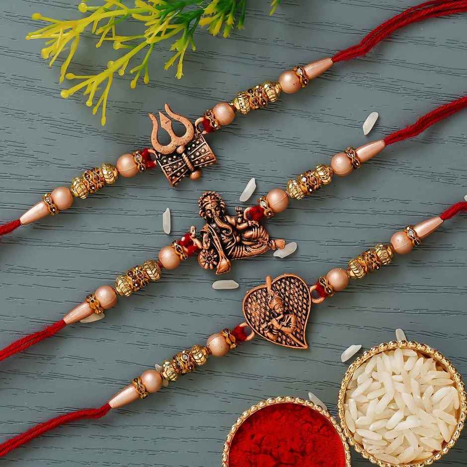Rakhi for Brother | Trishul, Damru, Lord Ganesha & Lord Krishna Flute | Religious | Includes Roli Chawal | Pack of 3 | Ecraftindia