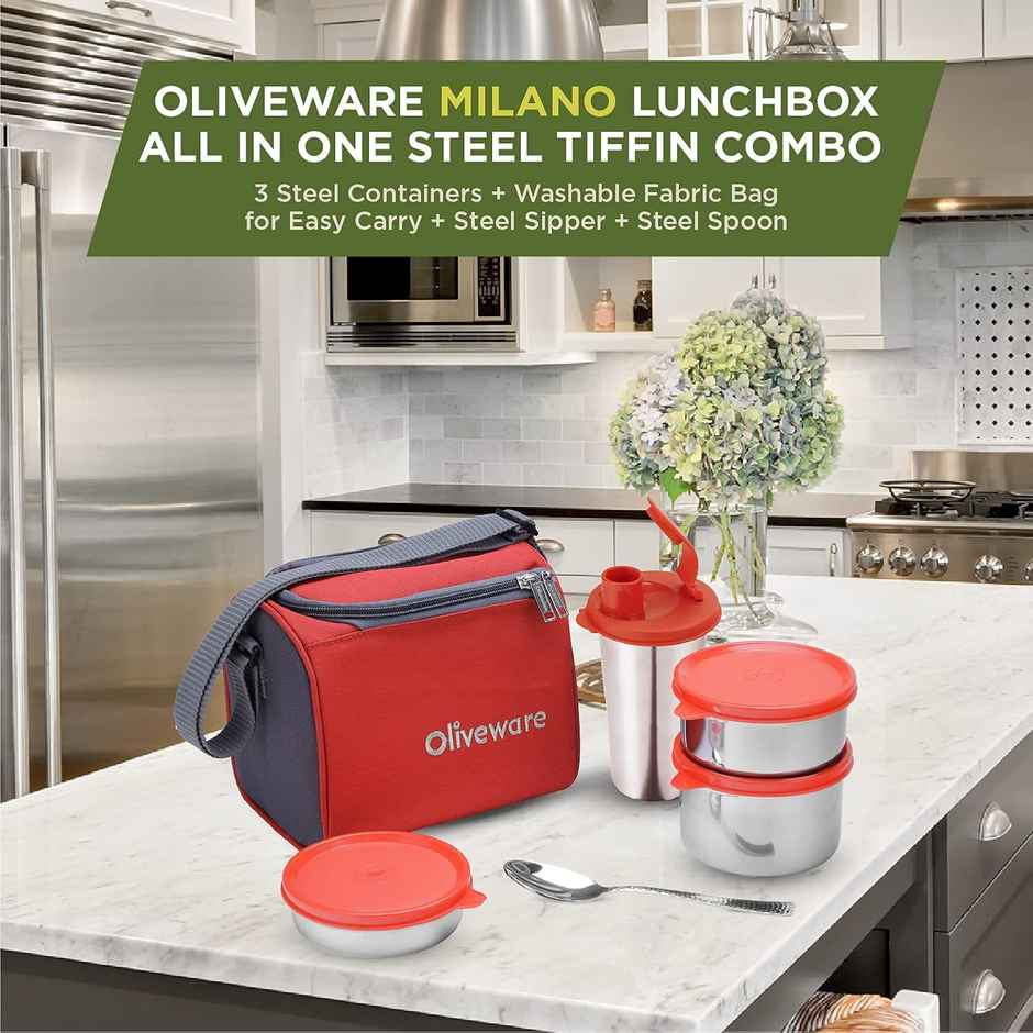 Oliveware Milano Lunch Box, 3 Stainless Steel Containers, Sipper and Steel Spoon - Red